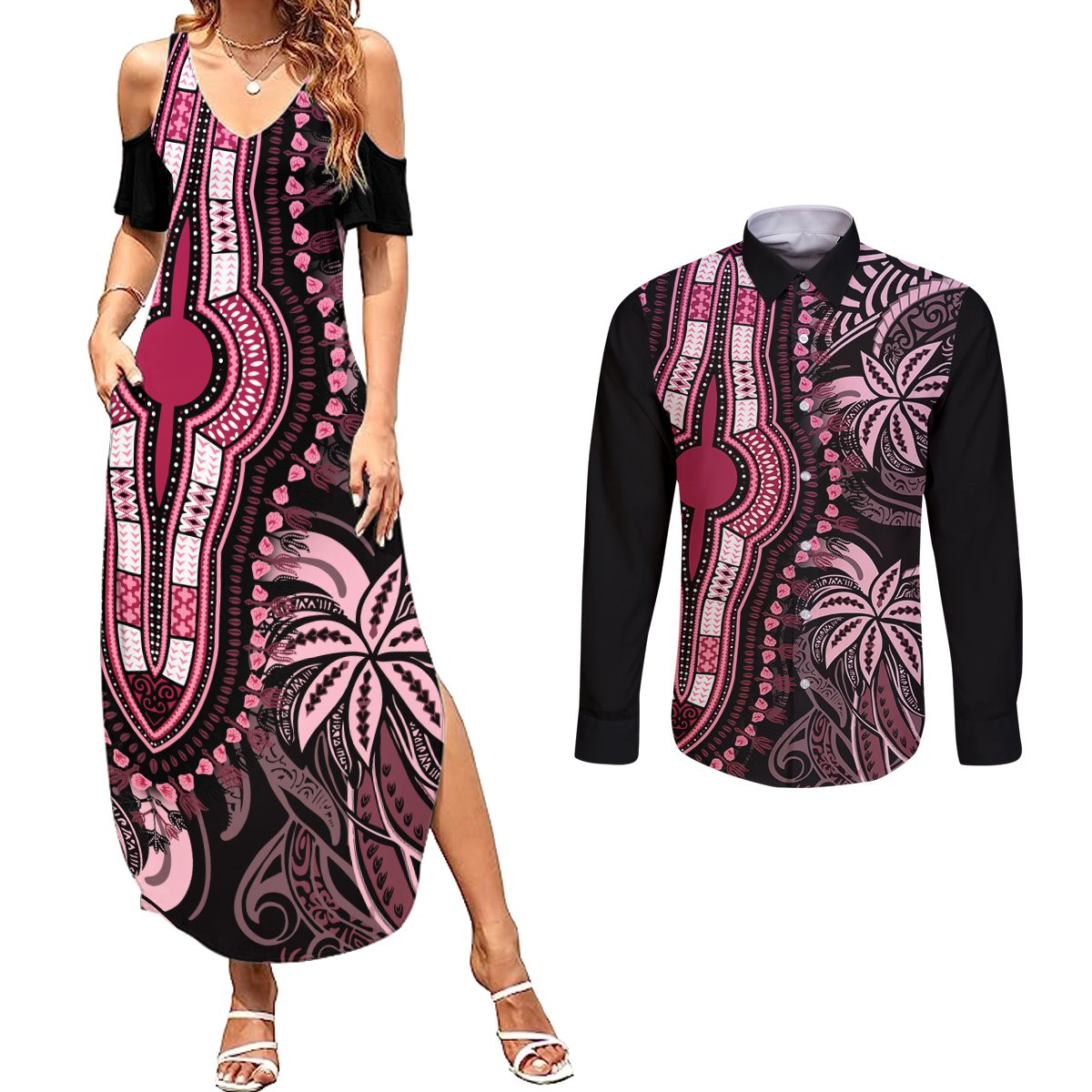 polynesia-dashiki-couples-matching-summer-maxi-dress-and-long-sleeve-button-shirts-polynesia-and-africa-traditional-special-together-pink