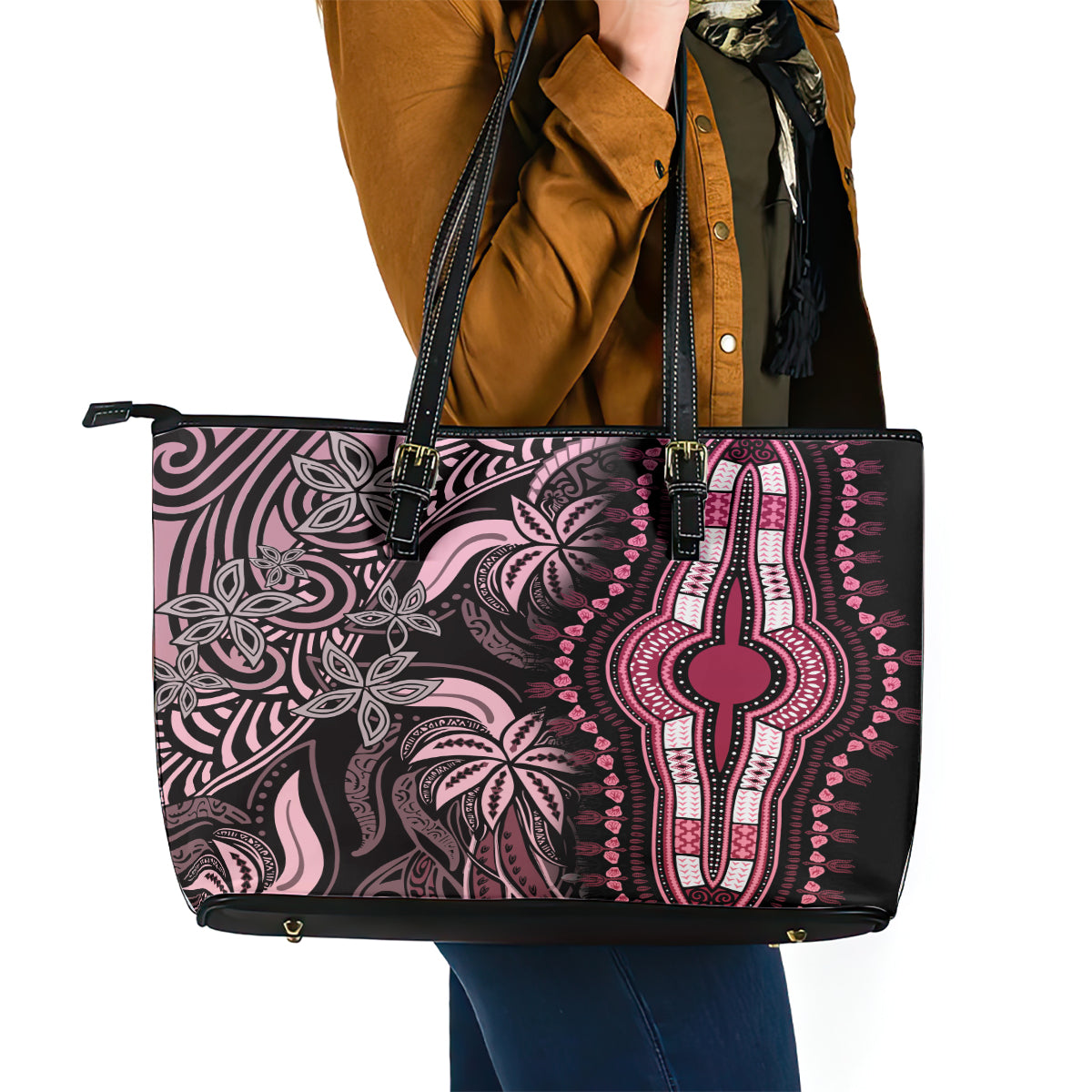 Polynesia Dashiki Leather Tote Bag Polynesia and Africa Traditional Special Together Pink LT9 - Polynesian Pride