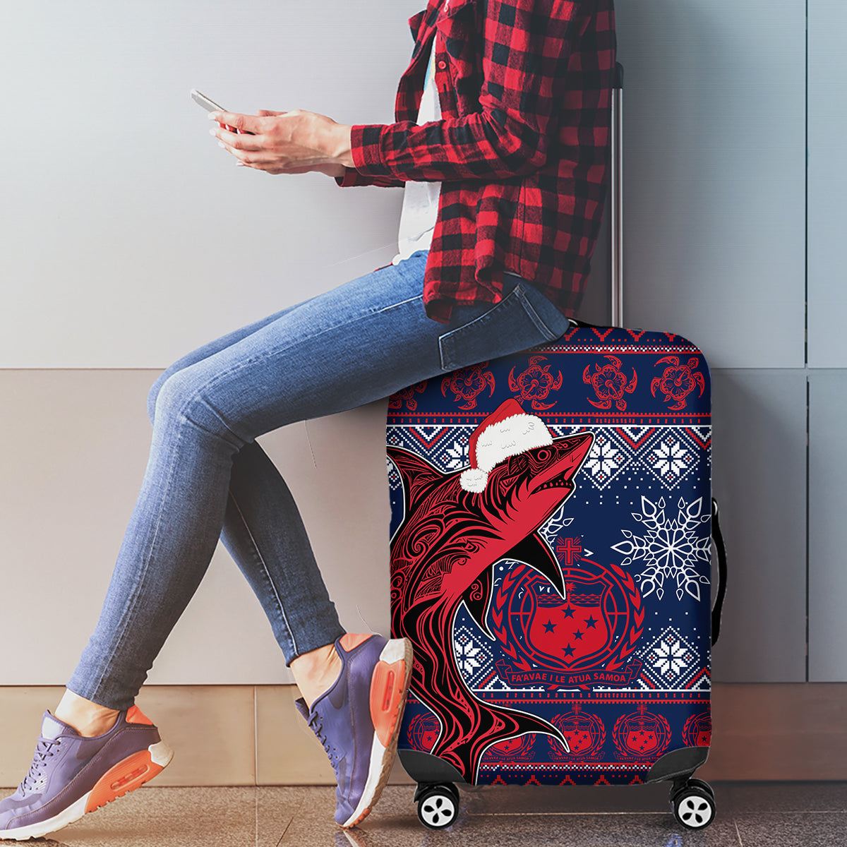 Samoa Manuia Le Kirisimasi Luggage Cover Samoan Fishing Tribal Pattern Christmas Vibe LT9 - Polynesian Pride