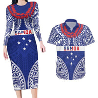 Personalised Toa Samoa Rugby Spirit Couples Matching Long Sleeve Bodycon Dress and Hawaiian Shirt Blue Samoan Tribal Pattern - Polynesian Pride