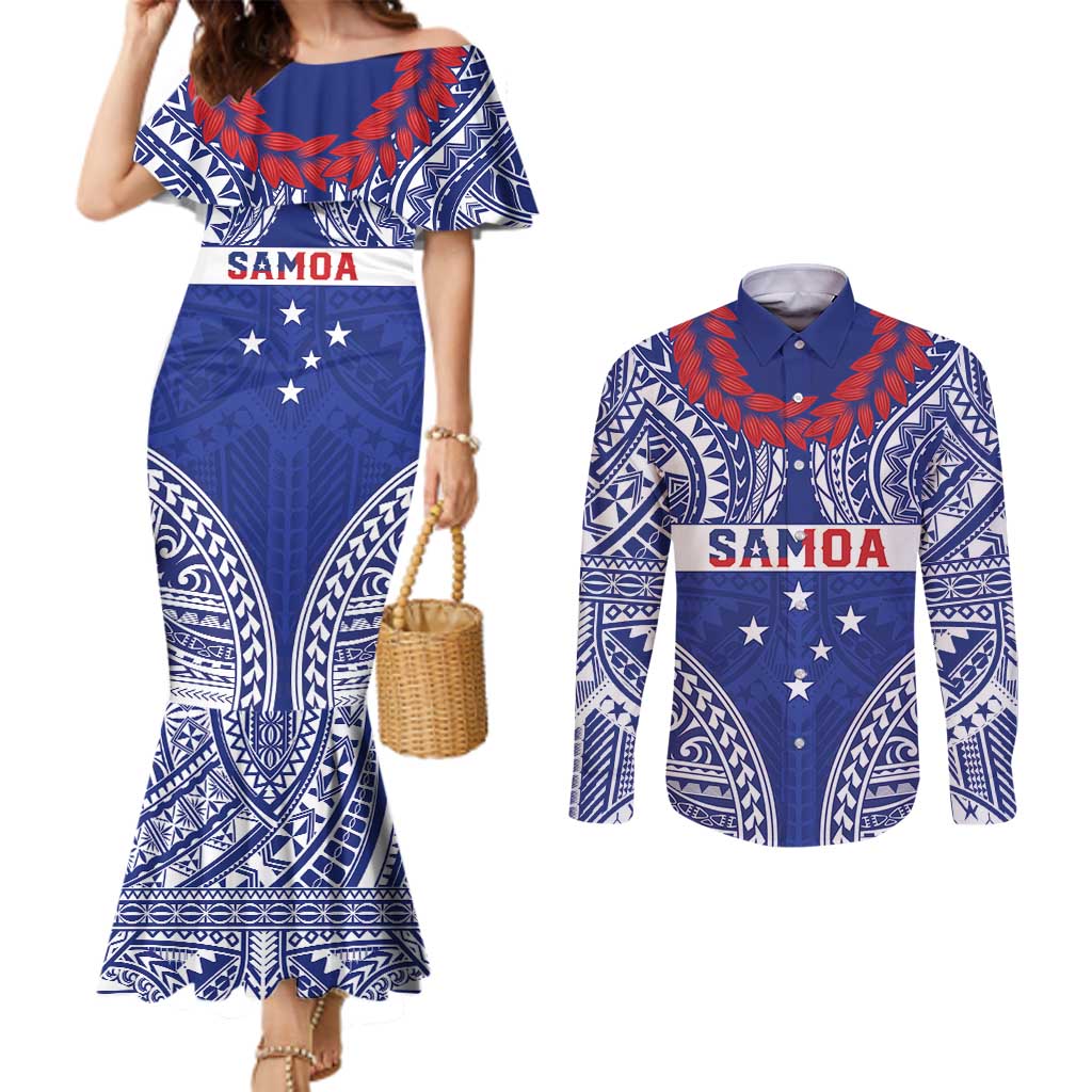 Personalised Toa Samoa Rugby Spirit Couples Matching Mermaid Dress and Long Sleeve Button Shirt Blue Samoan Tribal Pattern - Polynesian Pride