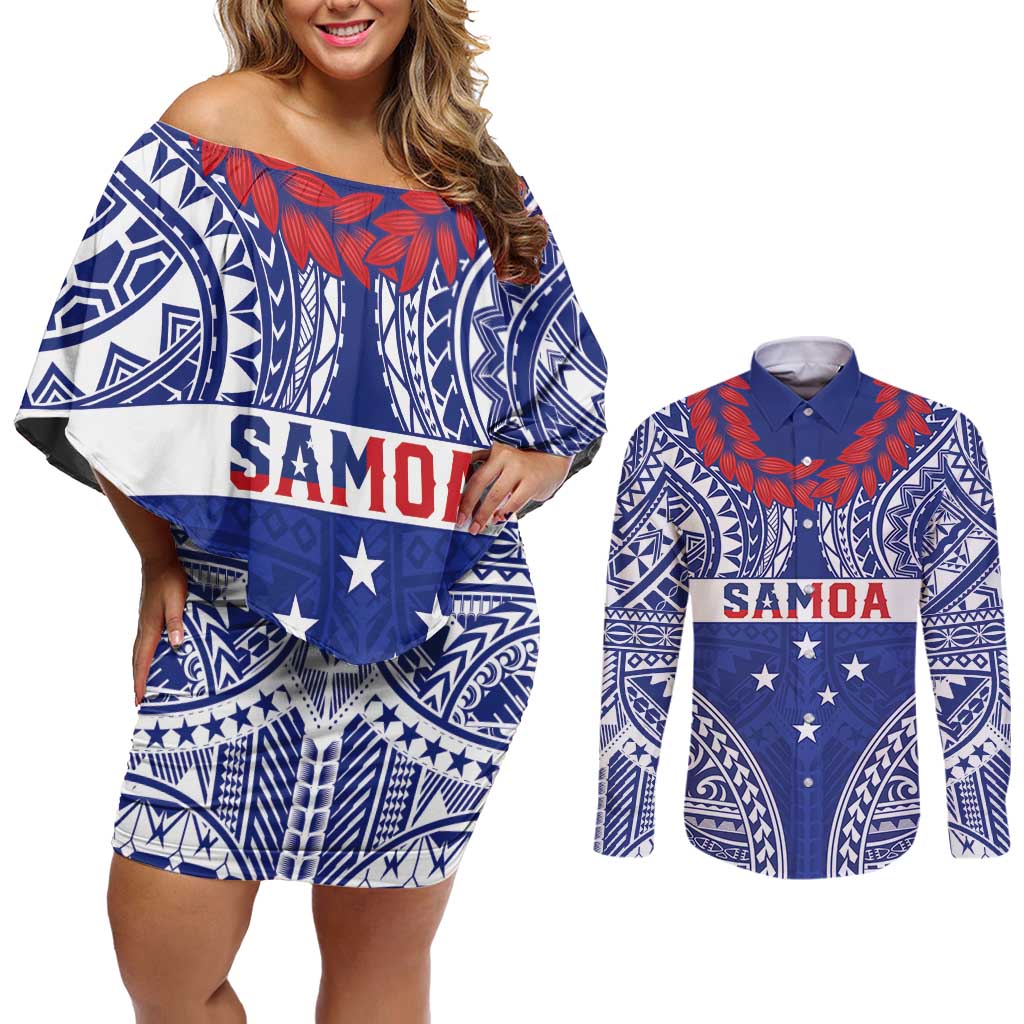 Personalised Toa Samoa Rugby Spirit Couples Matching Off Shoulder Short Dress and Long Sleeve Button Shirt Blue Samoan Tribal Pattern - Polynesian Pride