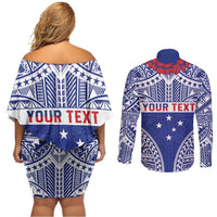 Personalised Toa Samoa Rugby Spirit Couples Matching Off Shoulder Short Dress and Long Sleeve Button Shirt Blue Samoan Tribal Pattern - Polynesian Pride