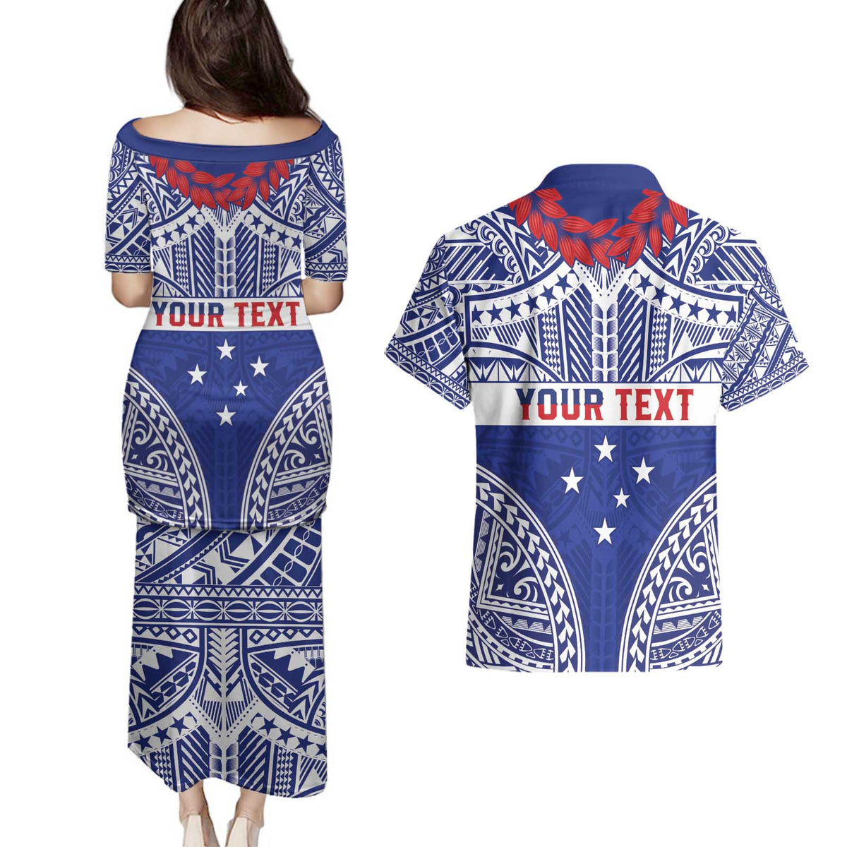 Personalised Toa Samoa Rugby Spirit Couples Matching Puletasi and Hawaiian Shirt Blue Samoan Tribal Pattern - Polynesian Pride