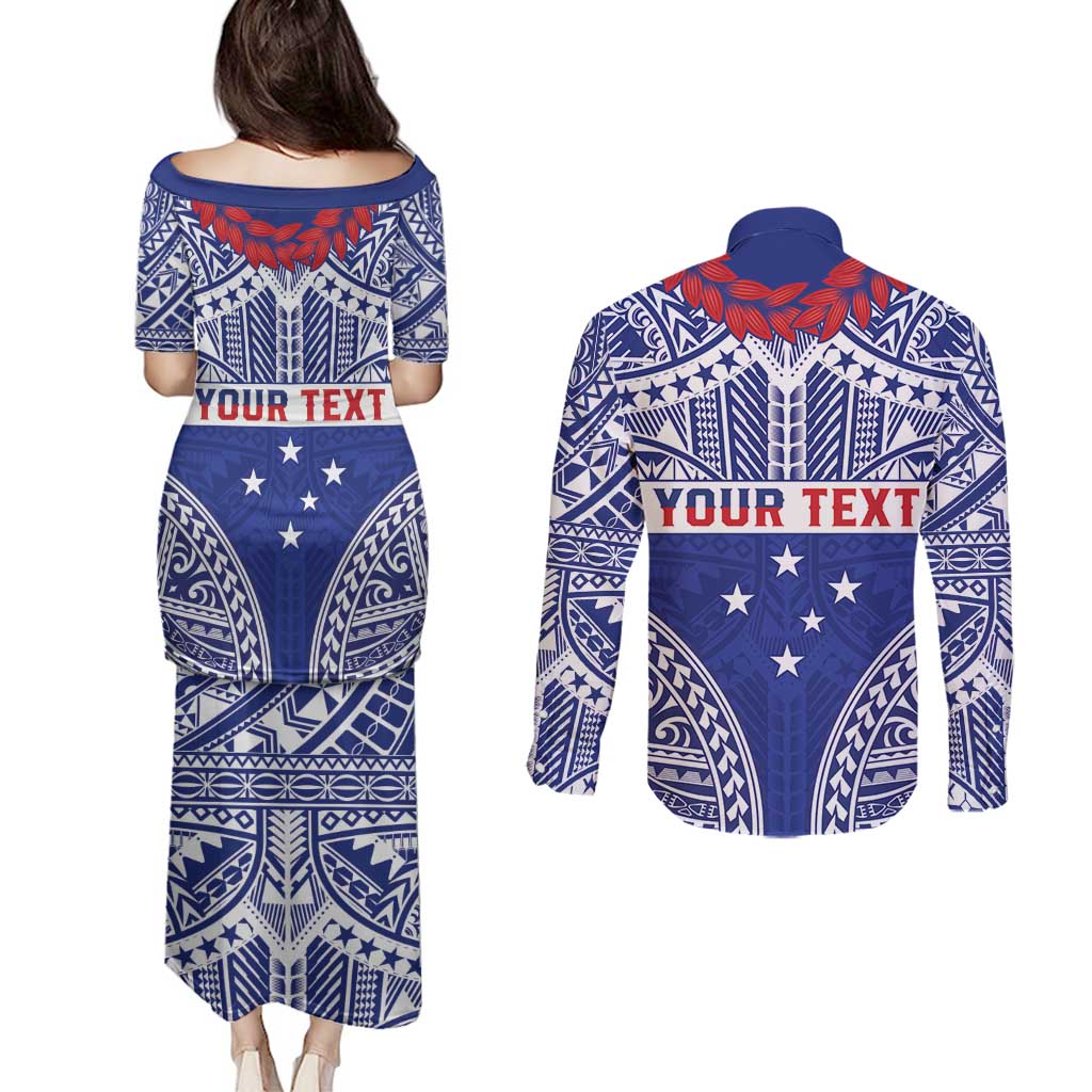Personalised Toa Samoa Rugby Spirit Couples Matching Puletasi and Long Sleeve Button Shirt Blue Samoan Tribal Pattern - Polynesian Pride
