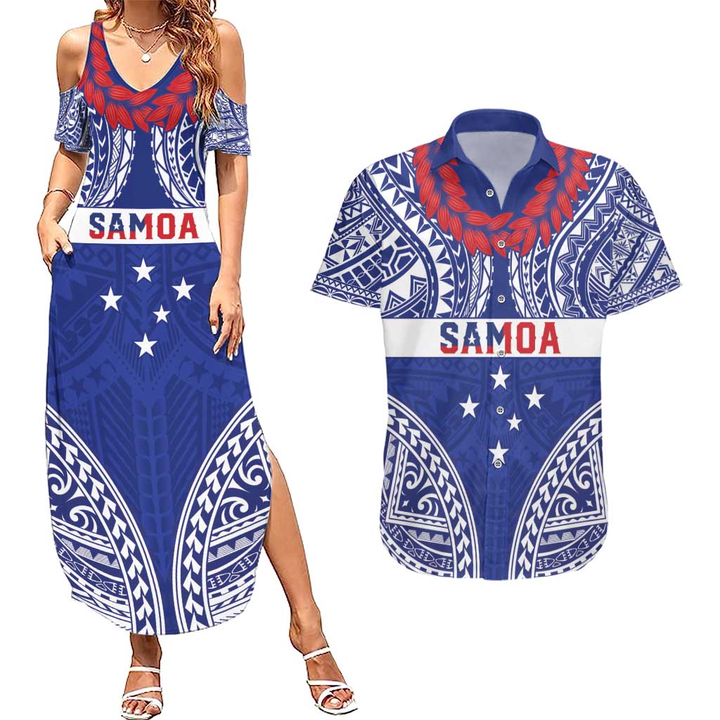 Personalised Toa Samoa Rugby Spirit Couples Matching Summer Maxi Dress and Hawaiian Shirt Blue Samoan Tribal Pattern - Polynesian Pride