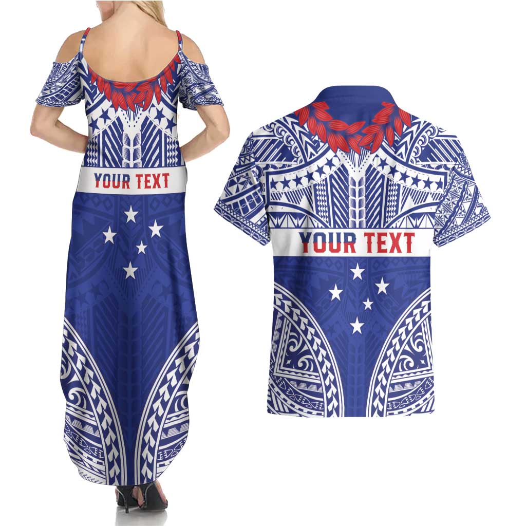 Personalised Toa Samoa Rugby Spirit Couples Matching Summer Maxi Dress and Hawaiian Shirt Blue Samoan Tribal Pattern - Polynesian Pride