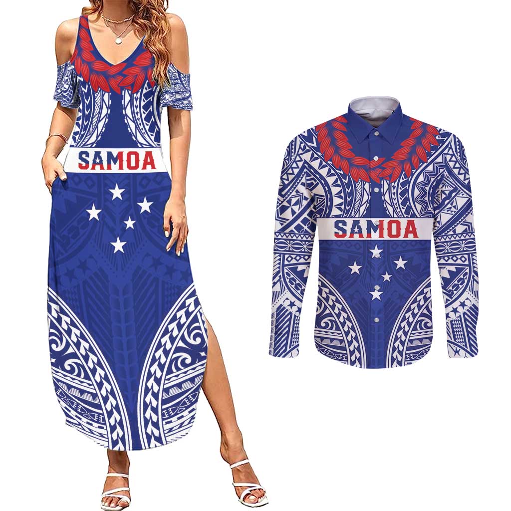 Personalised Toa Samoa Rugby Spirit Couples Matching Summer Maxi Dress and Long Sleeve Button Shirt Blue Samoan Tribal Pattern - Polynesian Pride