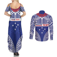 Personalised Toa Samoa Rugby Spirit Couples Matching Summer Maxi Dress and Long Sleeve Button Shirt Blue Samoan Tribal Pattern - Polynesian Pride