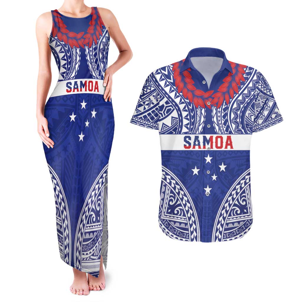 Personalised Toa Samoa Rugby Spirit Couples Matching Tank Maxi Dress and Hawaiian Shirt Blue Samoan Tribal Pattern - Polynesian Pride