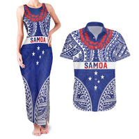 Personalised Toa Samoa Rugby Spirit Couples Matching Tank Maxi Dress and Hawaiian Shirt Blue Samoan Tribal Pattern - Polynesian Pride