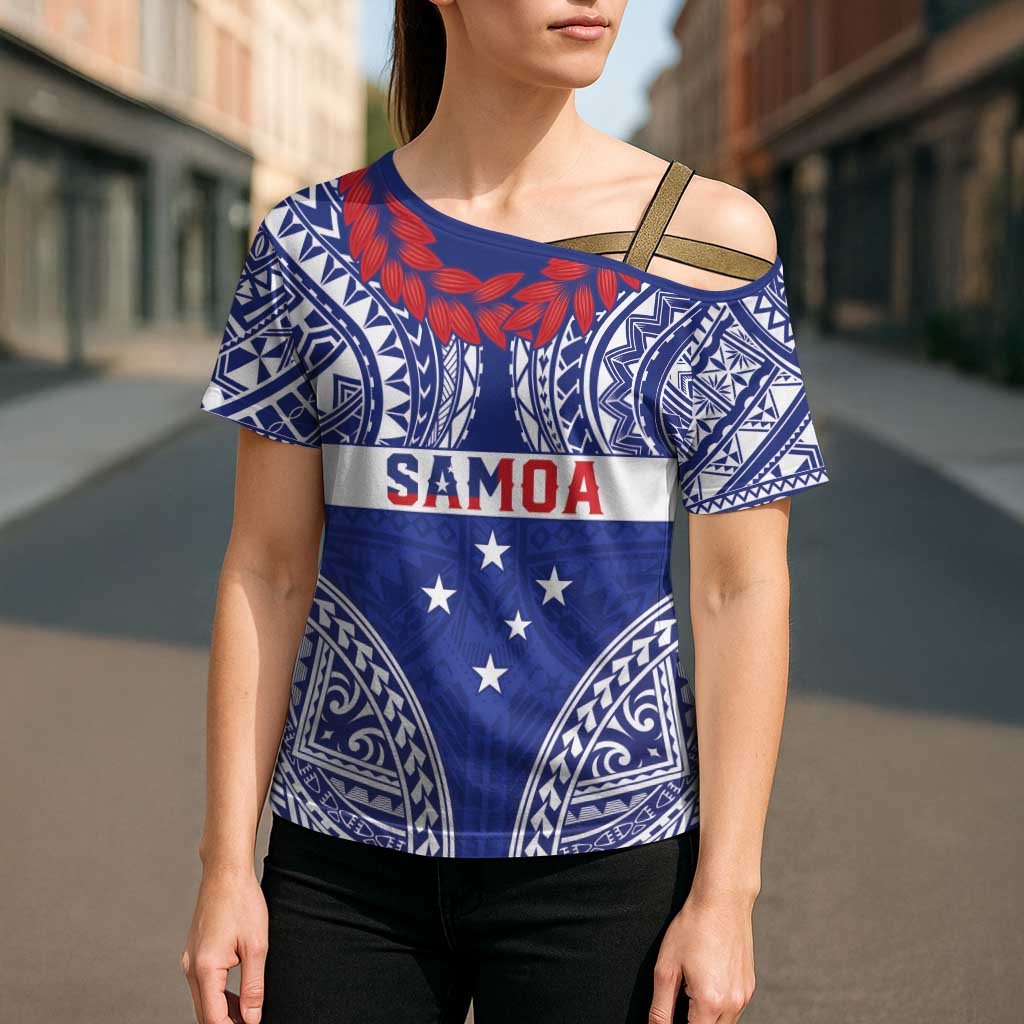 Personalised Toa Samoa Rugby Spirit Cross Shoulder Shirt Blue Samoan Tribal Pattern - Polynesian Pride