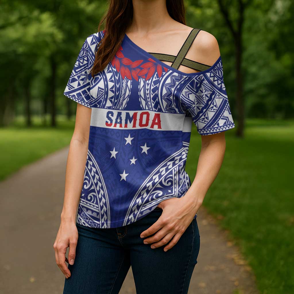 Personalised Toa Samoa Rugby Spirit Cross Shoulder Shirt Blue Samoan Tribal Pattern - Polynesian Pride