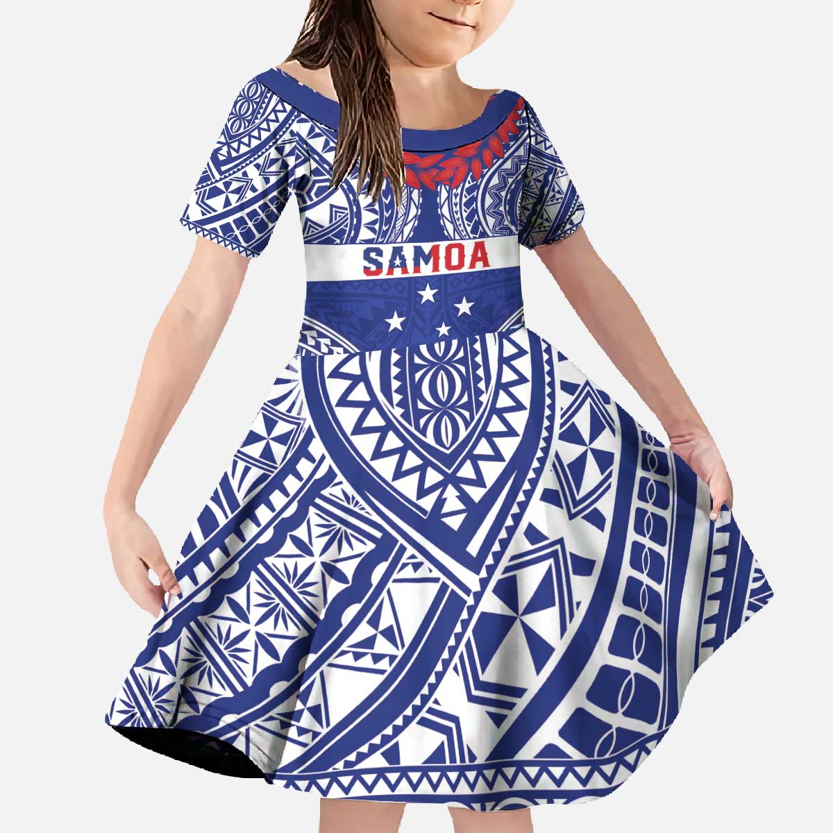 Personalised Toa Samoa Rugby Spirit Family Matching Off The Shoulder Long Sleeve Dress and Hawaiian Shirt Blue Samoan Tribal Pattern - Polynesian Pride