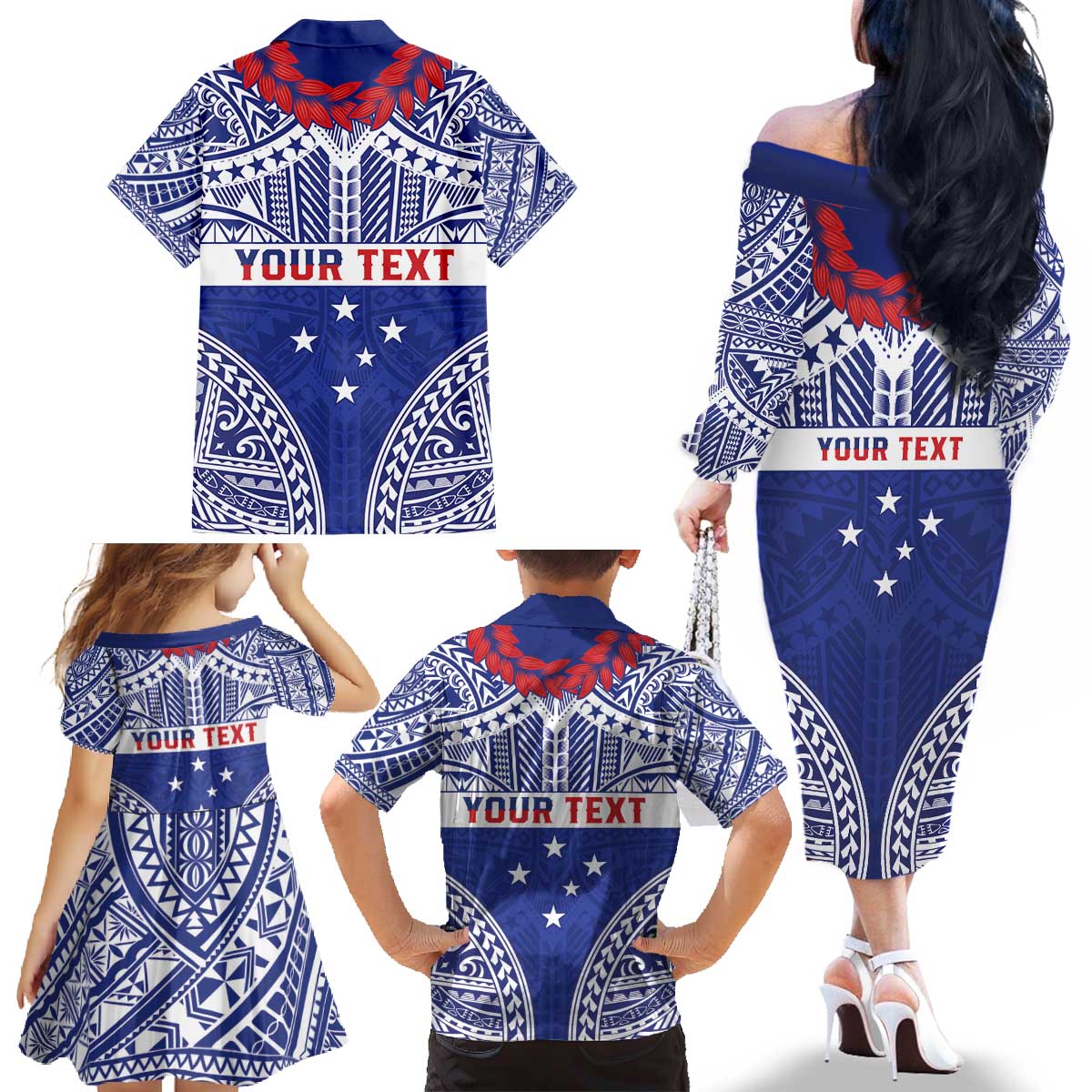 Personalised Toa Samoa Rugby Spirit Family Matching Off The Shoulder Long Sleeve Dress and Hawaiian Shirt Blue Samoan Tribal Pattern - Polynesian Pride