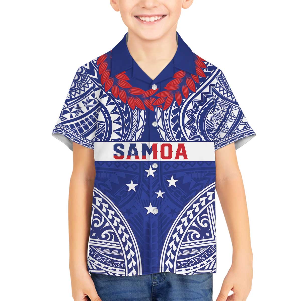 Personalised Toa Samoa Rugby Spirit Family Matching Off The Shoulder Long Sleeve Dress and Hawaiian Shirt Blue Samoan Tribal Pattern - Polynesian Pride