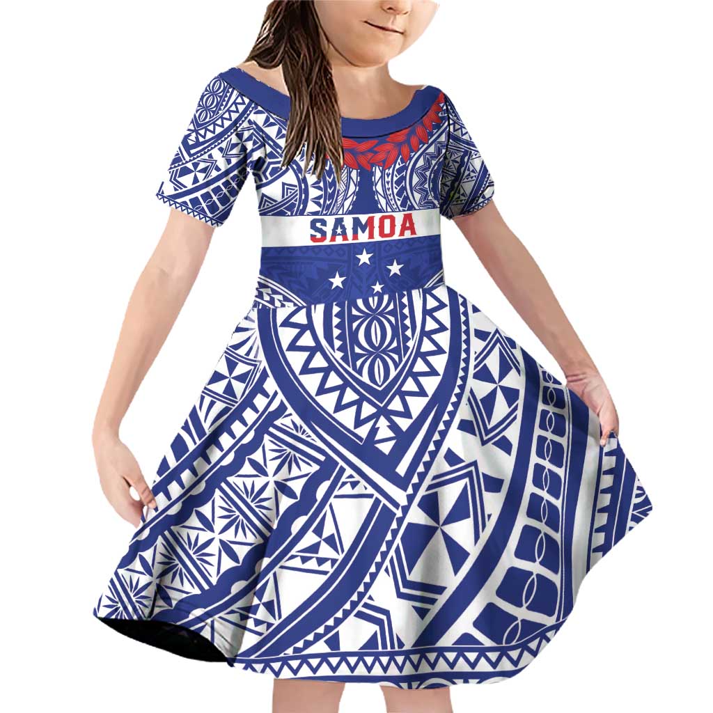 Personalised Toa Samoa Rugby Spirit Family Matching Off Shoulder Short Dress and Hawaiian Shirt Blue Samoan Tribal Pattern - Polynesian Pride