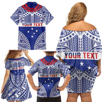 Personalised Toa Samoa Rugby Spirit Family Matching Off Shoulder Short Dress and Hawaiian Shirt Blue Samoan Tribal Pattern - Polynesian Pride