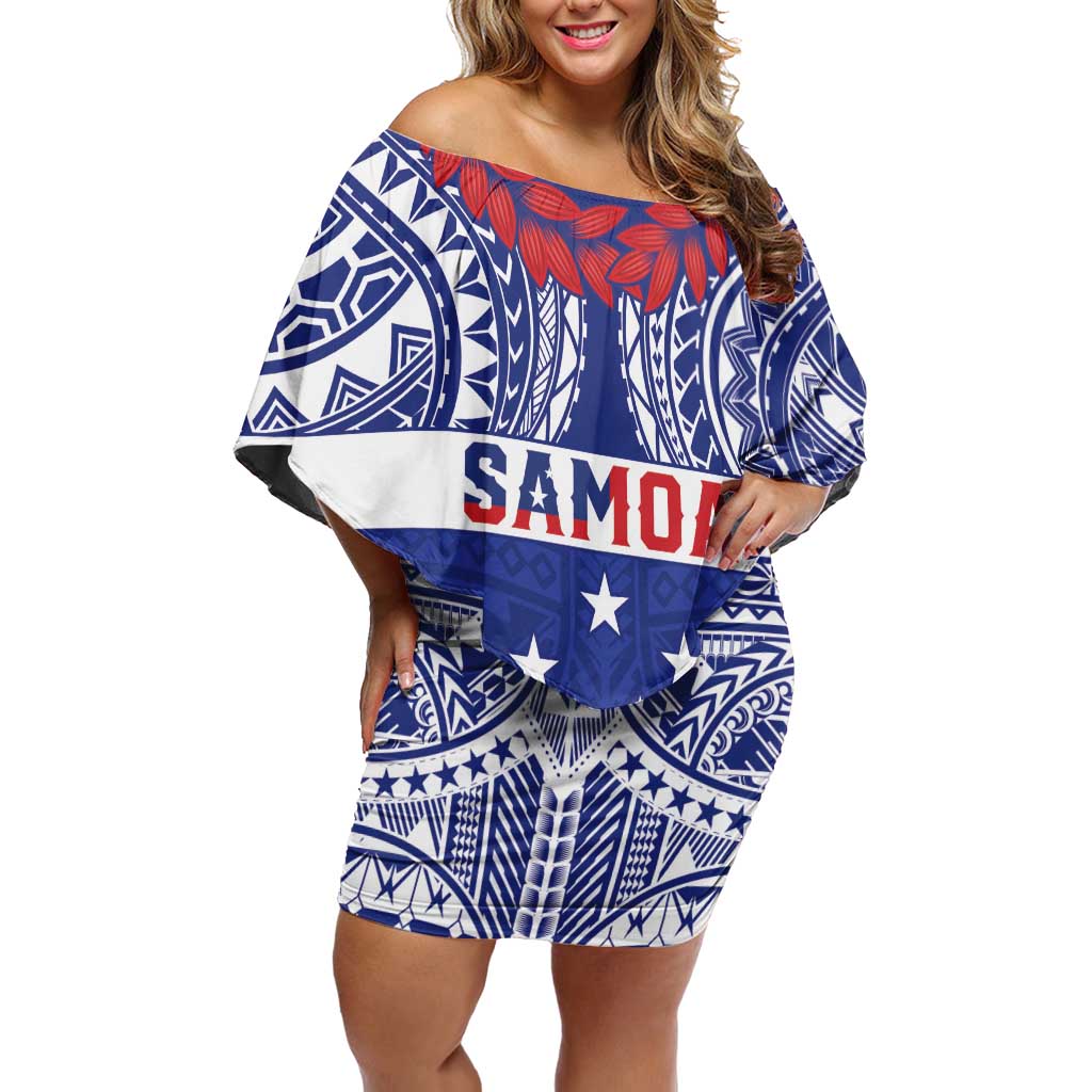Personalised Toa Samoa Rugby Spirit Family Matching Off Shoulder Short Dress and Hawaiian Shirt Blue Samoan Tribal Pattern - Polynesian Pride