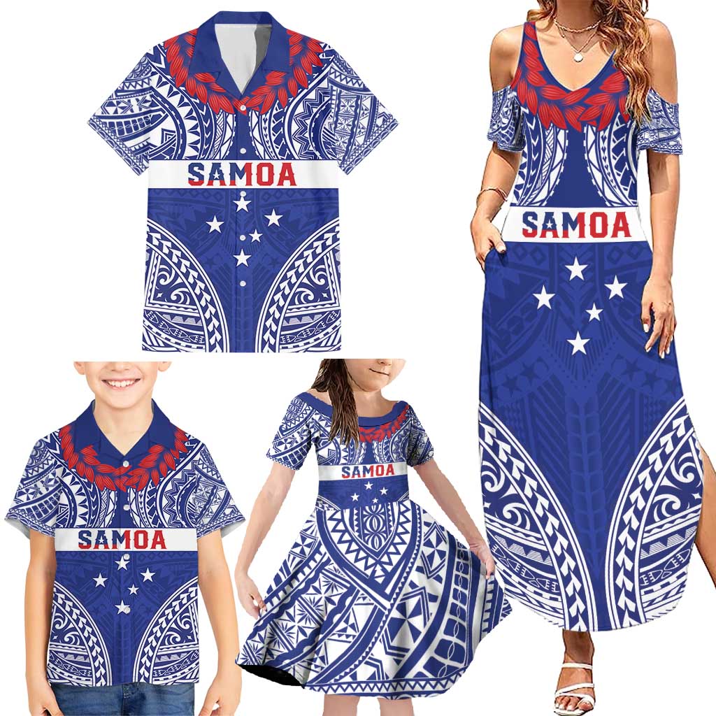 Personalised Toa Samoa Rugby Spirit Family Matching Summer Maxi Dress and Hawaiian Shirt Blue Samoan Tribal Pattern - Polynesian Pride
