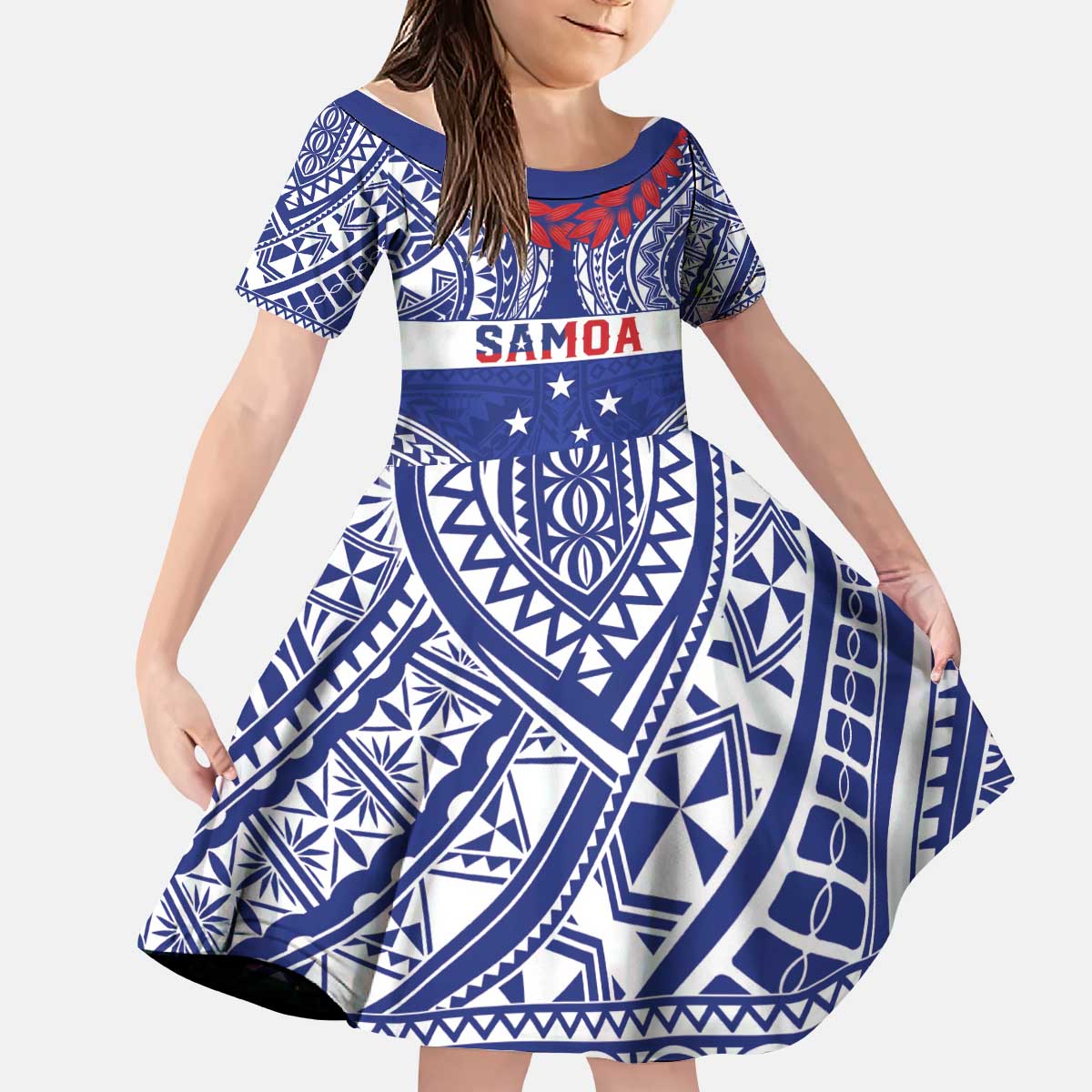 Personalised Toa Samoa Rugby Spirit Kid Short Sleeve Dress Blue Samoan Tribal Pattern - Polynesian Pride