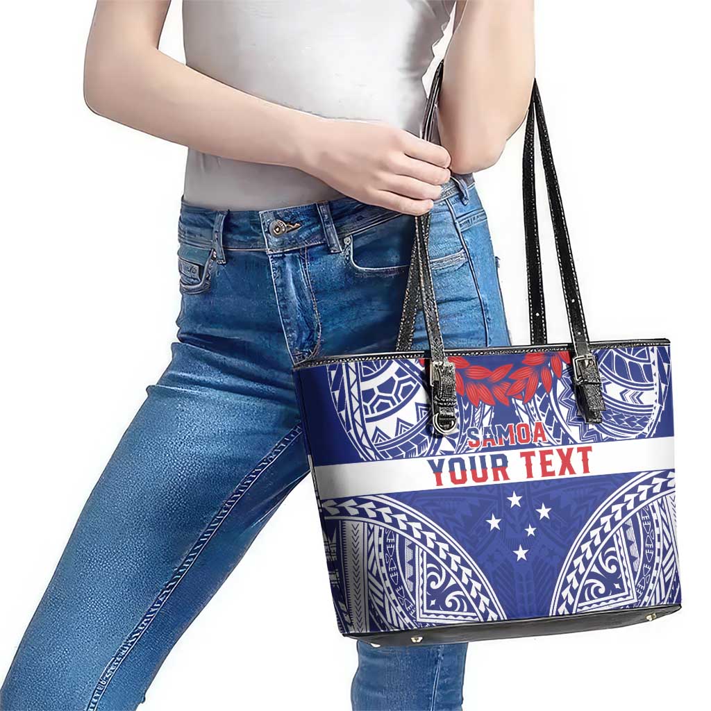 Personalised Toa Samoa Rugby Spirit Leather Tote Bag Blue Samoan Tribal Pattern - Polynesian Pride
