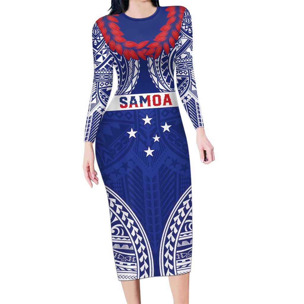Personalised Toa Samoa Rugby Spirit Long Sleeve Bodycon Dress Blue Samoan Tribal Pattern - Polynesian Pride