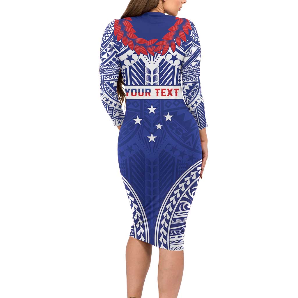Personalised Toa Samoa Rugby Spirit Long Sleeve Bodycon Dress Blue Samoan Tribal Pattern - Polynesian Pride