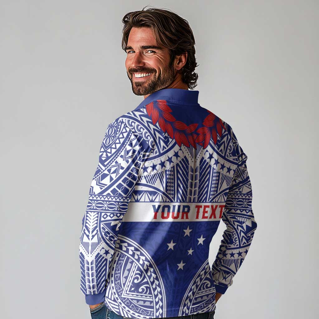 Personalised Toa Samoa Rugby Spirit Long Sleeve Polo Shirt Blue Samoan Tribal Pattern - Polynesian Pride