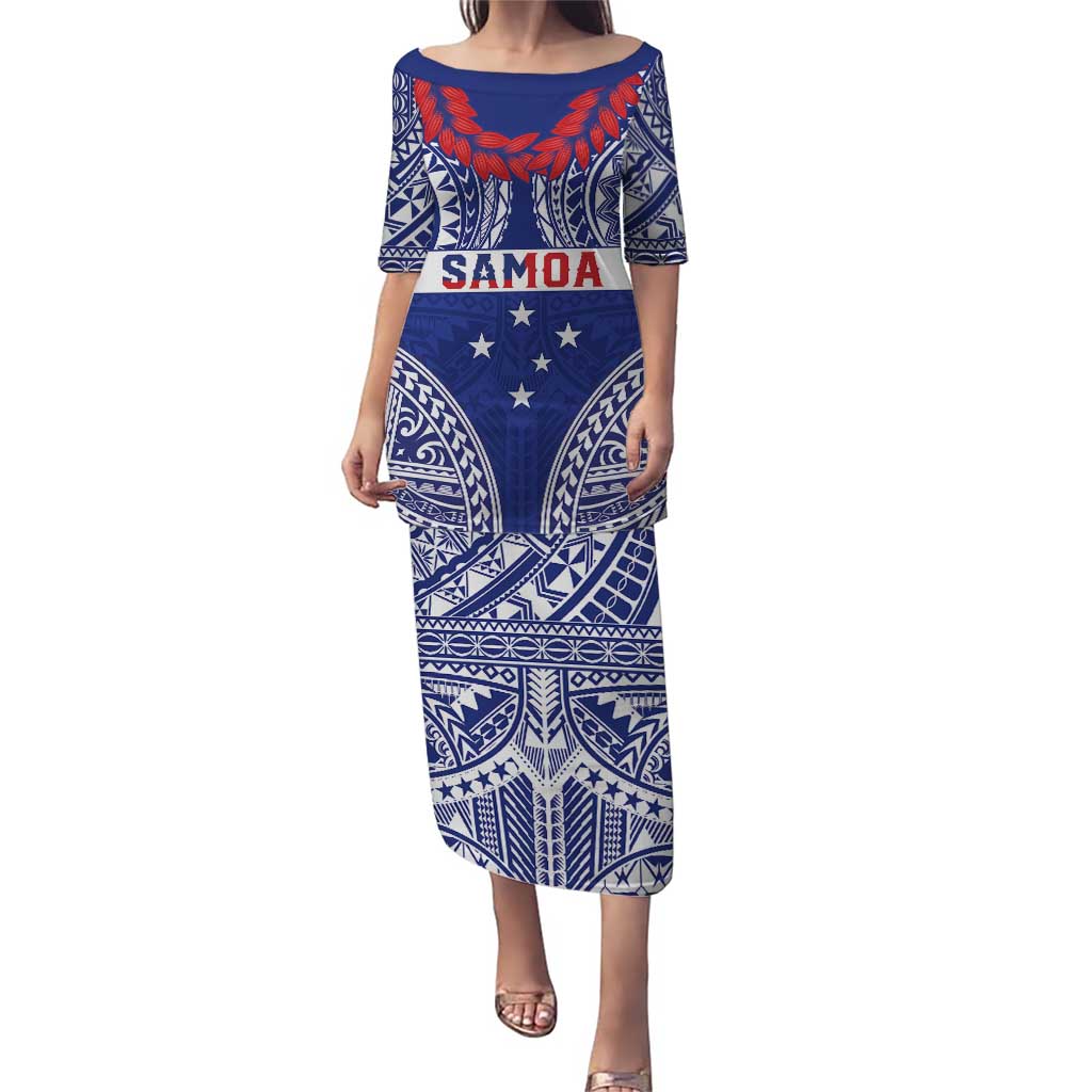 Personalised Toa Samoa Rugby Spirit Puletasi Blue Samoan Tribal Pattern - Polynesian Pride