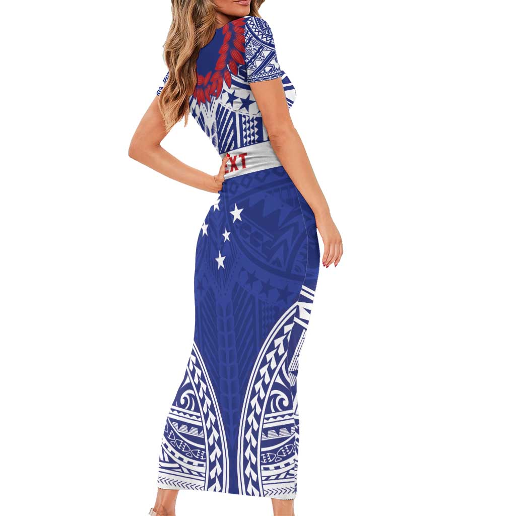 Personalised Toa Samoa Rugby Spirit Short Sleeve Bodycon Dress Blue Samoan Tribal Pattern - Polynesian Pride