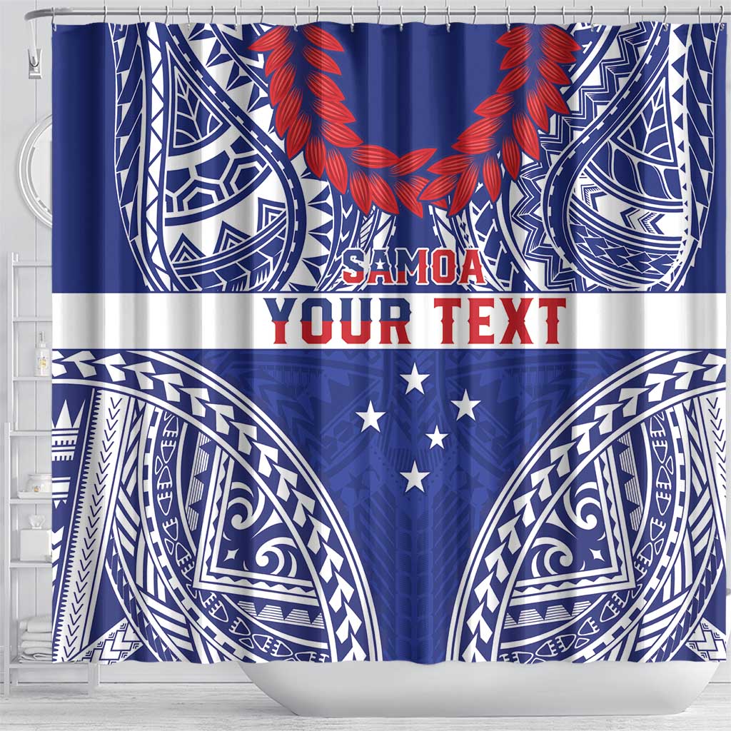 Personalised Toa Samoa Rugby Spirit Shower Curtain Blue Samoan Tribal Pattern - Polynesian Pride