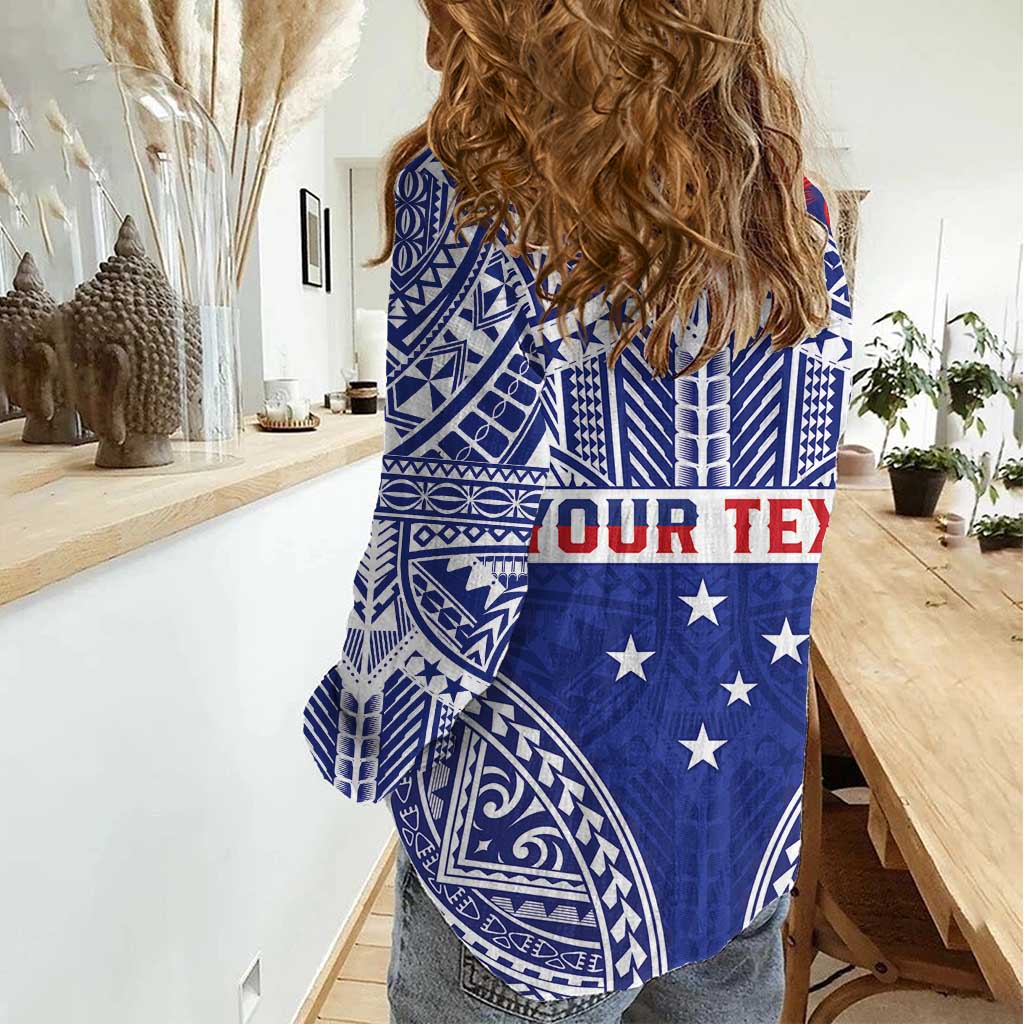 Personalised Toa Samoa Rugby Spirit Women Casual Shirt Blue Samoan Tribal Pattern - Polynesian Pride