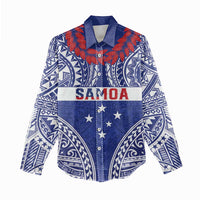 Personalised Toa Samoa Rugby Spirit Women Casual Shirt Blue Samoan Tribal Pattern - Polynesian Pride