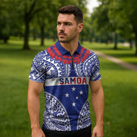 Personalised Toa Samoa Rugby Spirit Zipper Polo Shirt Blue Samoan Tribal Pattern - Polynesian Pride