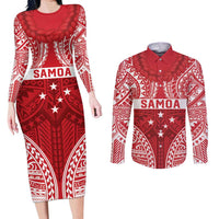 Personalised Toa Samoa Rugby Spirit Couples Matching Long Sleeve Bodycon Dress and Long Sleeve Button Shirt Red Samoan Tribal Pattern - Polynesian Pride