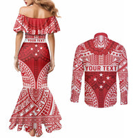 Personalised Toa Samoa Rugby Spirit Couples Matching Mermaid Dress and Long Sleeve Button Shirt Red Samoan Tribal Pattern - Polynesian Pride