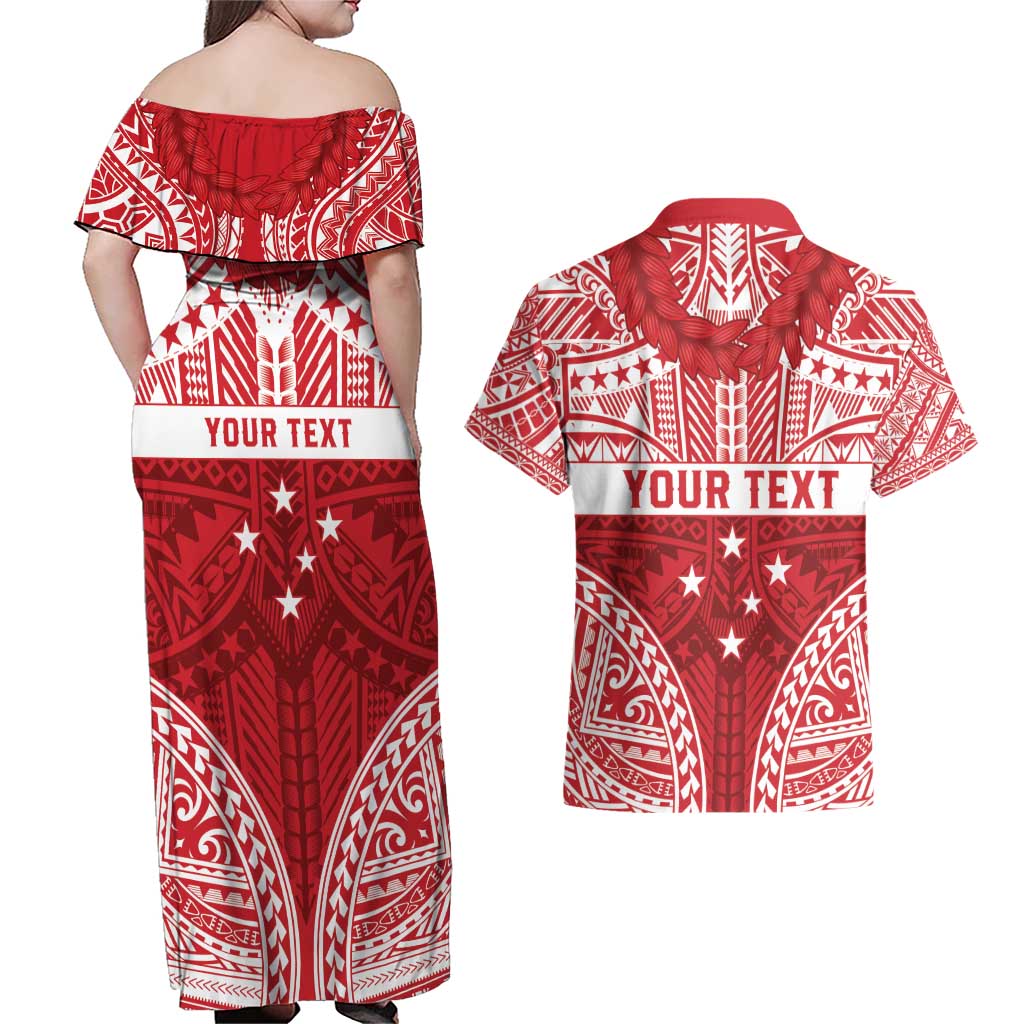 Personalised Toa Samoa Rugby Spirit Couples Matching Off Shoulder Maxi Dress and Hawaiian Shirt Red Samoan Tribal Pattern - Polynesian Pride