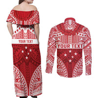 Personalised Toa Samoa Rugby Spirit Couples Matching Off Shoulder Maxi Dress and Long Sleeve Button Shirt Red Samoan Tribal Pattern - Polynesian Pride