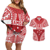Personalised Toa Samoa Rugby Spirit Couples Matching Off Shoulder Short Dress and Hawaiian Shirt Red Samoan Tribal Pattern - Polynesian Pride