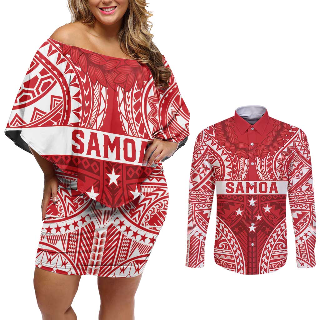 Personalised Toa Samoa Rugby Spirit Couples Matching Off Shoulder Short Dress and Long Sleeve Button Shirt Red Samoan Tribal Pattern - Polynesian Pride