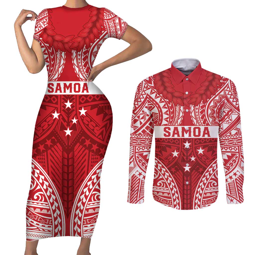Personalised Toa Samoa Rugby Spirit Couples Matching Short Sleeve Bodycon Dress and Long Sleeve Button Shirt Red Samoan Tribal Pattern - Polynesian Pride