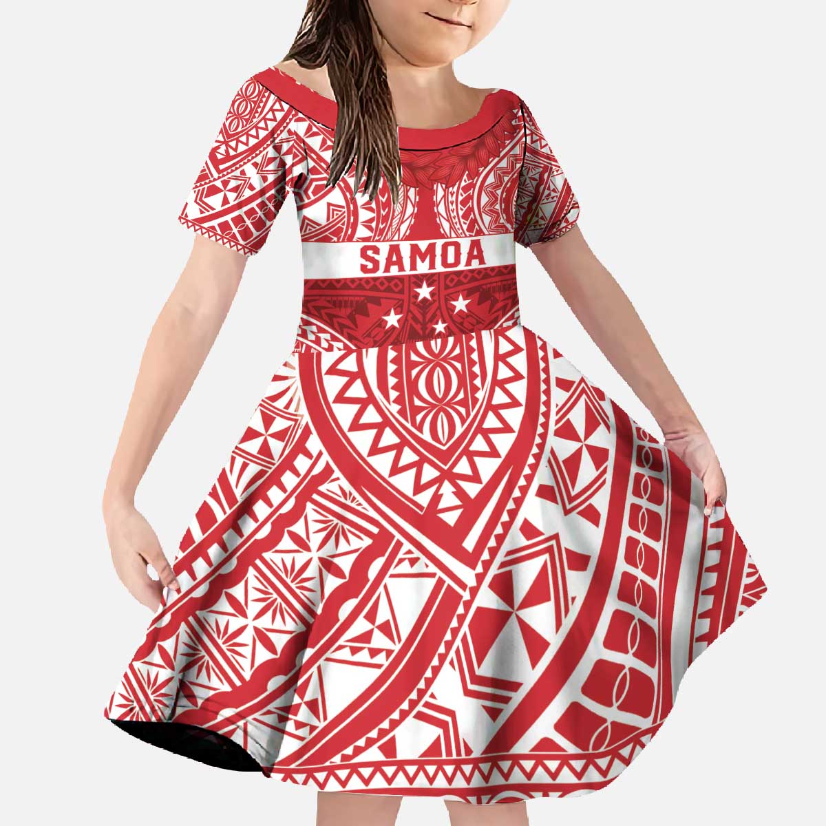 Personalised Toa Samoa Rugby Spirit Family Matching Off The Shoulder Long Sleeve Dress and Hawaiian Shirt Red Samoan Tribal Pattern - Polynesian Pride