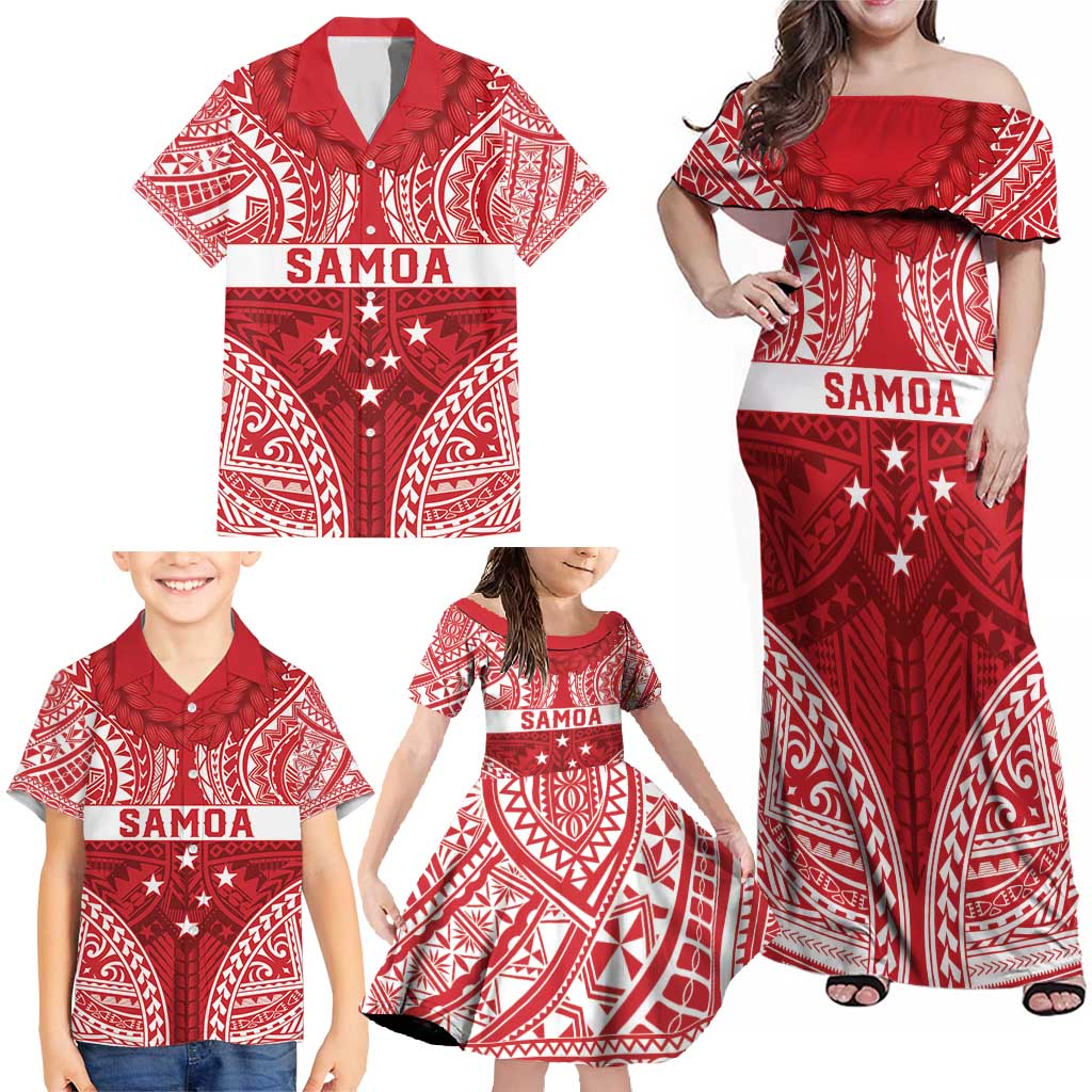 Personalised Toa Samoa Rugby Spirit Family Matching Off Shoulder Maxi Dress and Hawaiian Shirt Red Samoan Tribal Pattern - Polynesian Pride