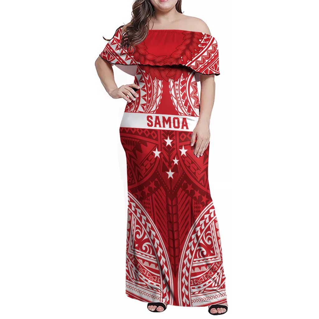 Personalised Toa Samoa Rugby Spirit Family Matching Off Shoulder Maxi Dress and Hawaiian Shirt Red Samoan Tribal Pattern - Polynesian Pride