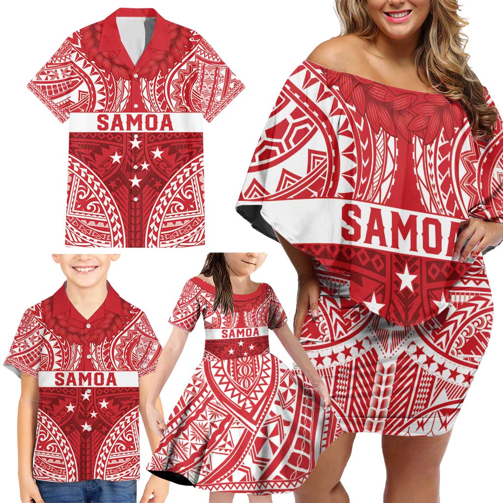 Personalised Toa Samoa Rugby Spirit Family Matching Off Shoulder Short Dress and Hawaiian Shirt Red Samoan Tribal Pattern - Polynesian Pride