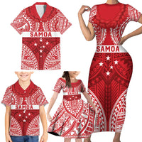 Personalised Toa Samoa Rugby Spirit Family Matching Short Sleeve Bodycon Dress and Hawaiian Shirt Red Samoan Tribal Pattern - Polynesian Pride
