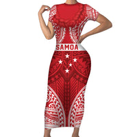 Personalised Toa Samoa Rugby Spirit Family Matching Short Sleeve Bodycon Dress and Hawaiian Shirt Red Samoan Tribal Pattern - Polynesian Pride
