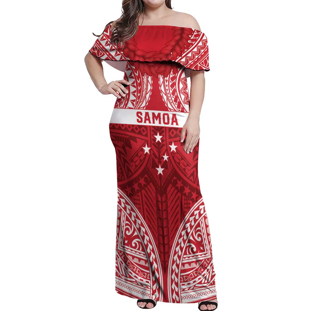 Personalised Toa Samoa Rugby Spirit Off Shoulder Maxi Dress Red Samoan Tribal Pattern - Polynesian Pride