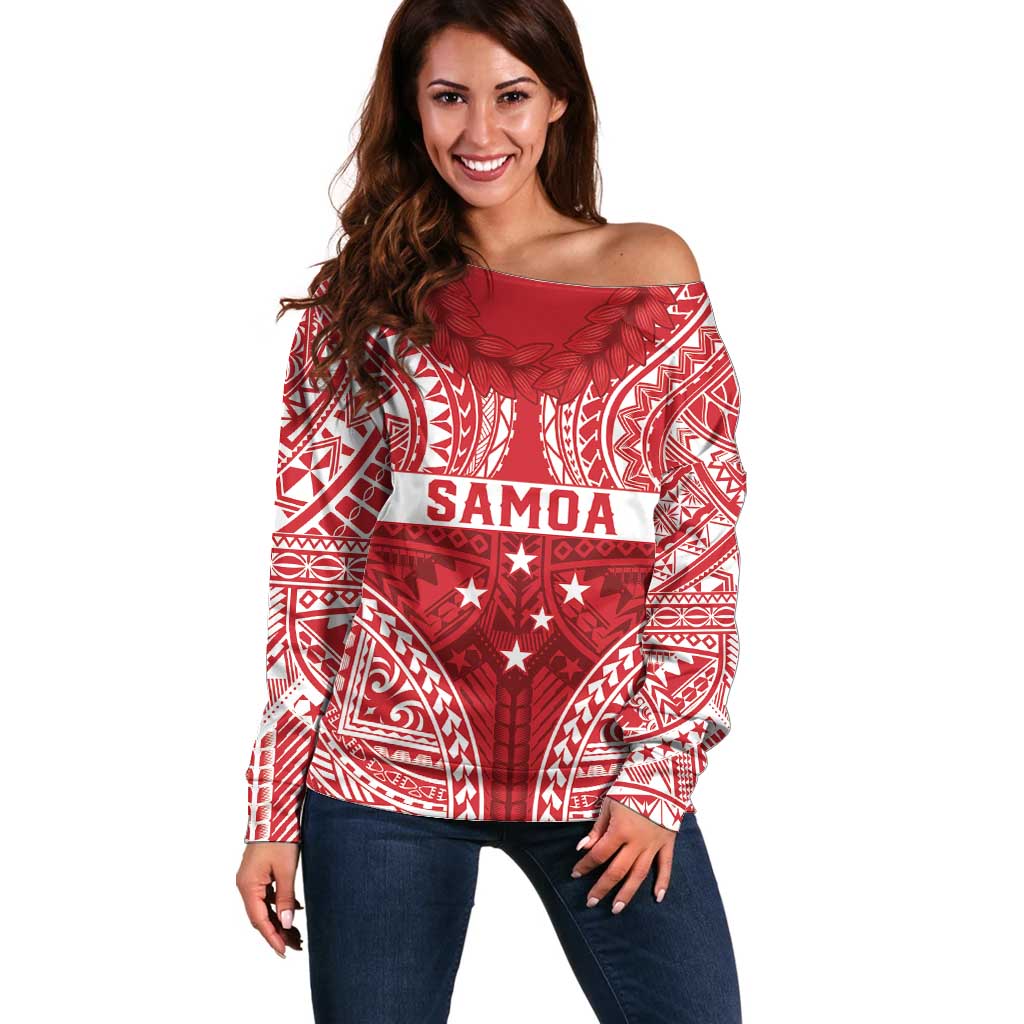 Personalised Toa Samoa Rugby Spirit Off Shoulder Sweater Red Samoan Tribal Pattern - Polynesian Pride